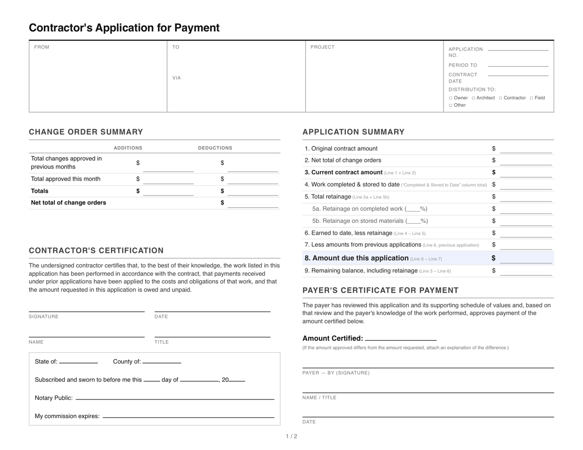 Blank pay application template: printable cover page with application summary, certifications, and ruled fill-in lines
