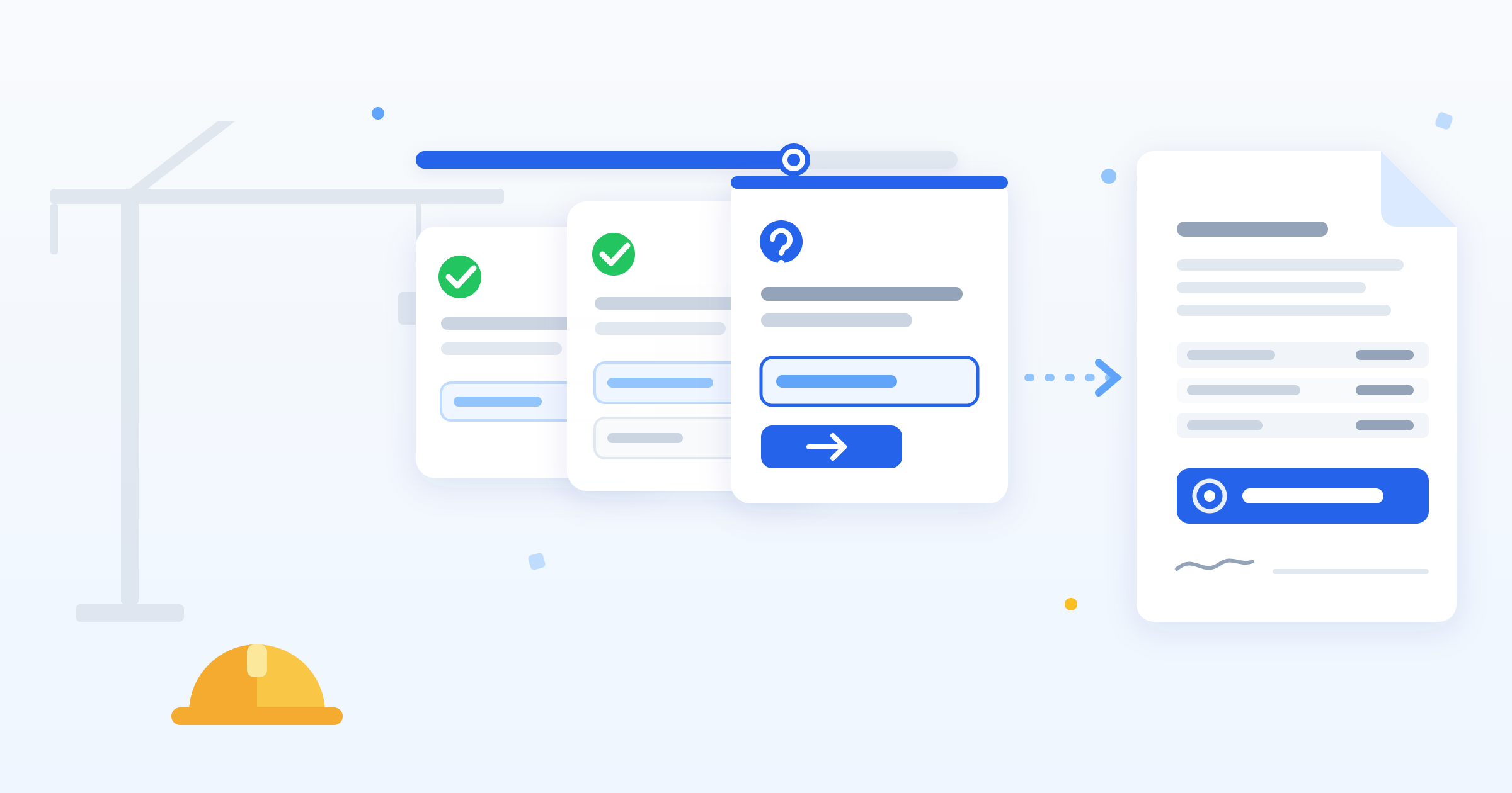 Guided pay application builder: answered question cards with a progress bar producing a finished pay application document with the payment due highlighted