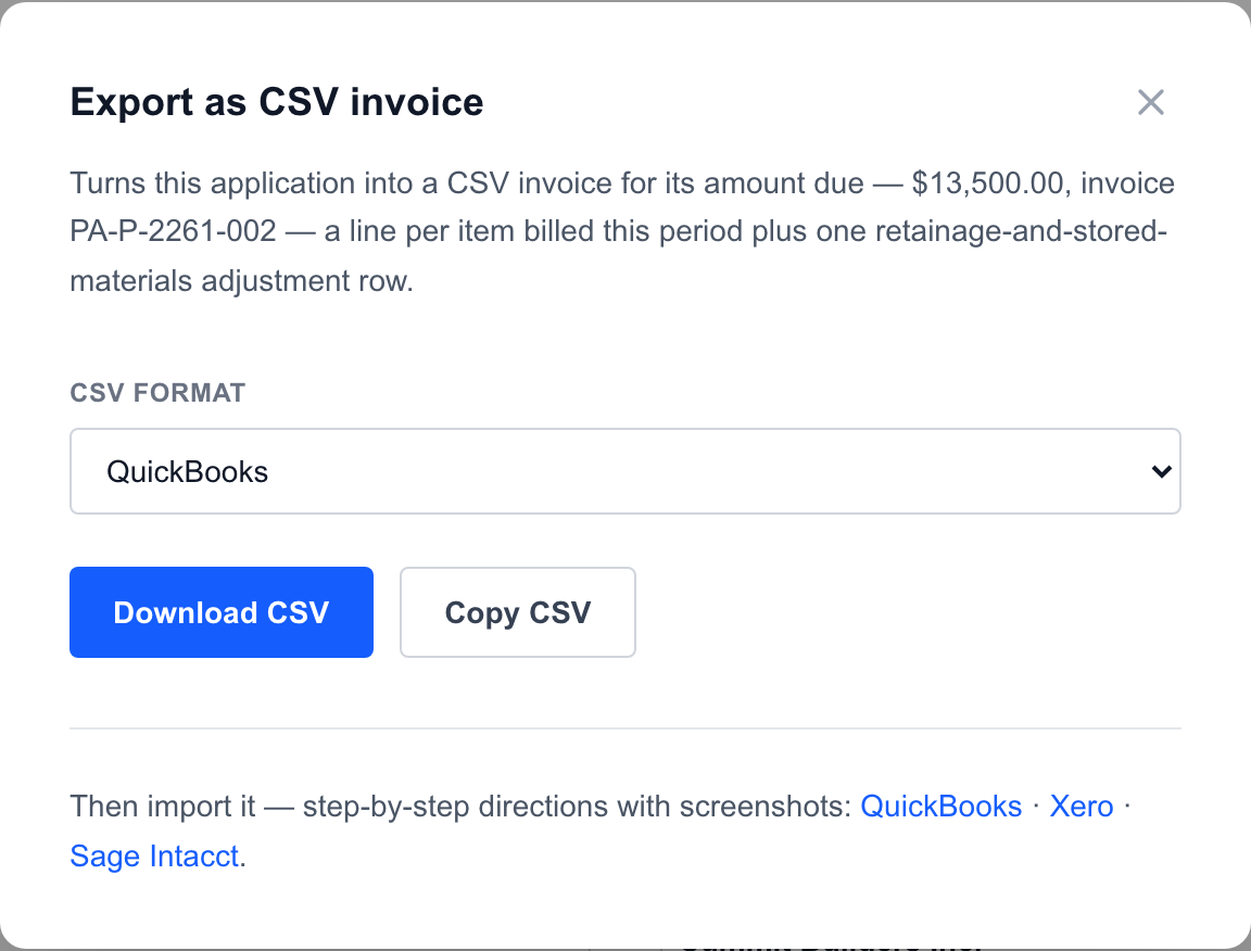 The generator's Export dialog: CSV format picker with Download CSV and Copy CSV buttons