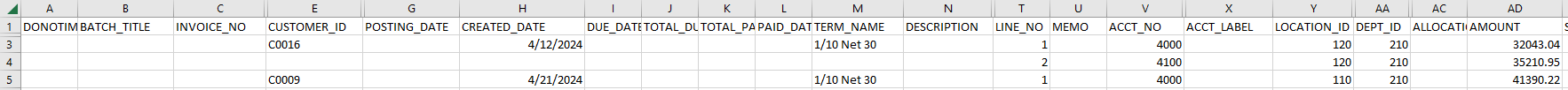 Sage Intacct AR invoice import template with example data