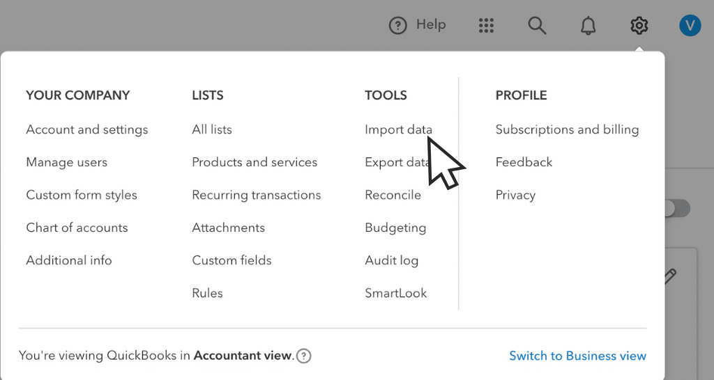 QuickBooks Online Settings menu with Import data under Tools