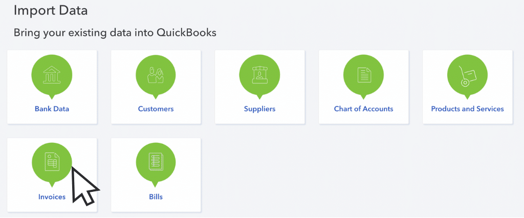 QuickBooks Online Import Data screen with the Invoices tile
