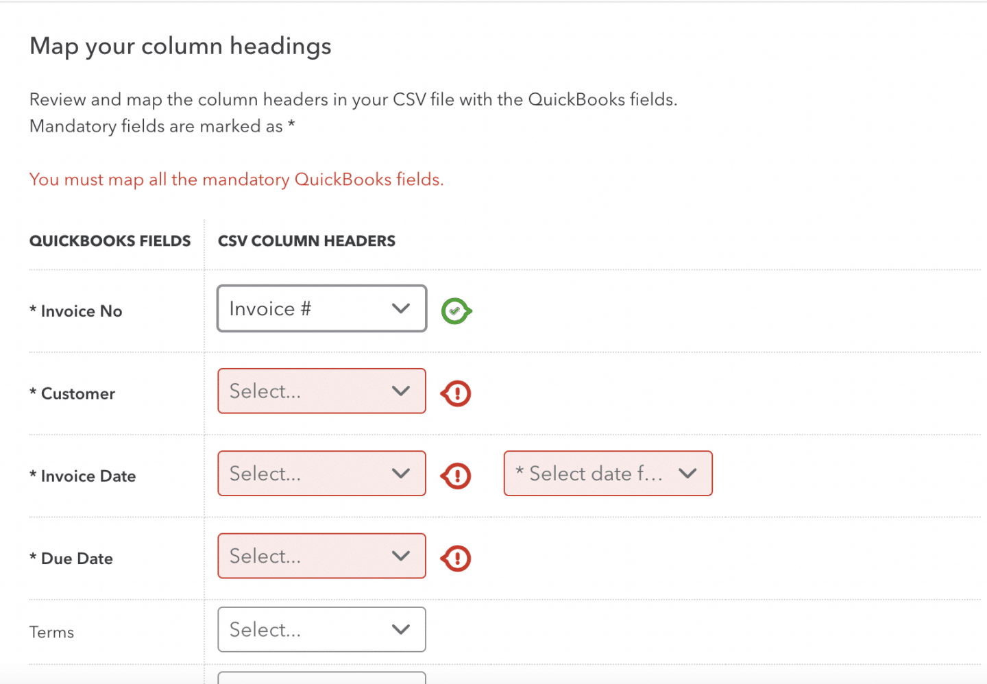 QuickBooks Online column-mapping screen for invoice import