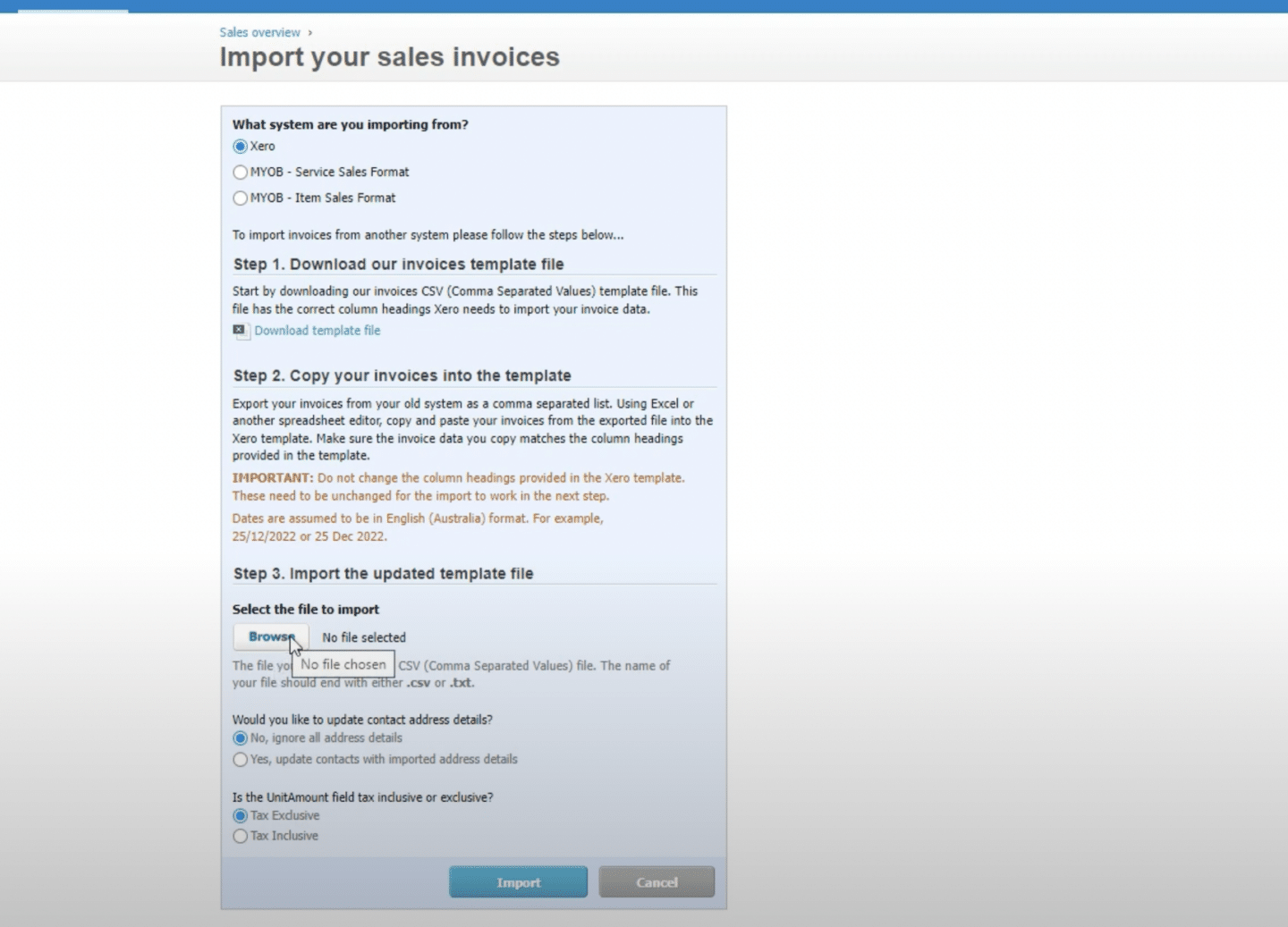 Xero Import your sales invoices screen with template download and file upload