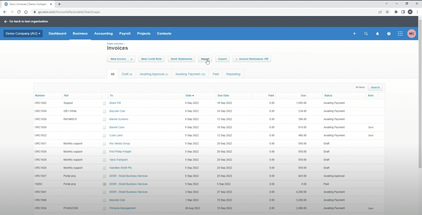 Xero Invoices screen with the Import button