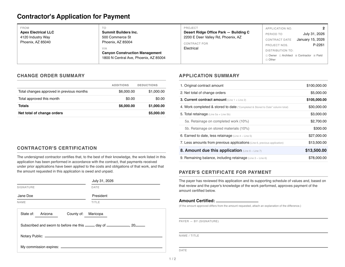 Example of a completed construction pay application: cover sheet with application summary, retainage, change orders, and certifications
